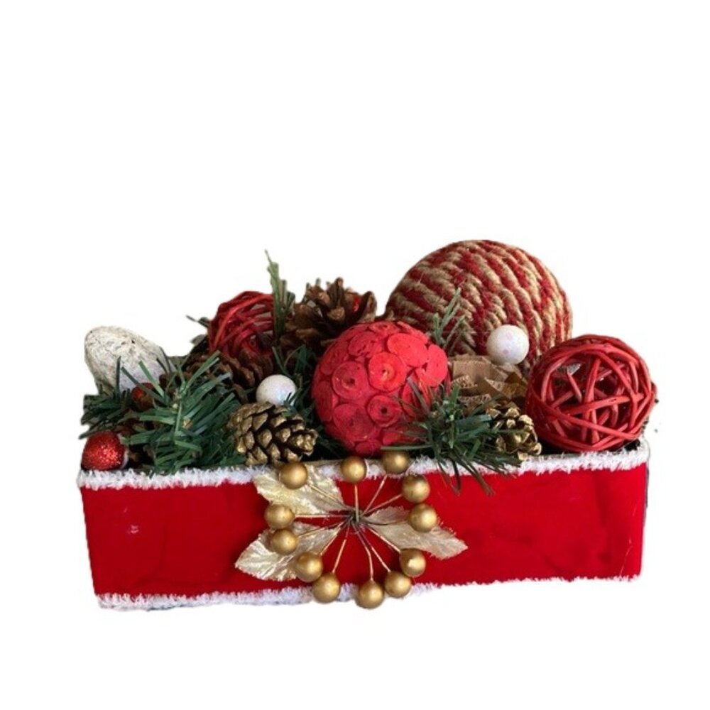 Table Centerpiece Christmas Pine Cones Red White Berries Orbs s 10 x 7 x 5 in